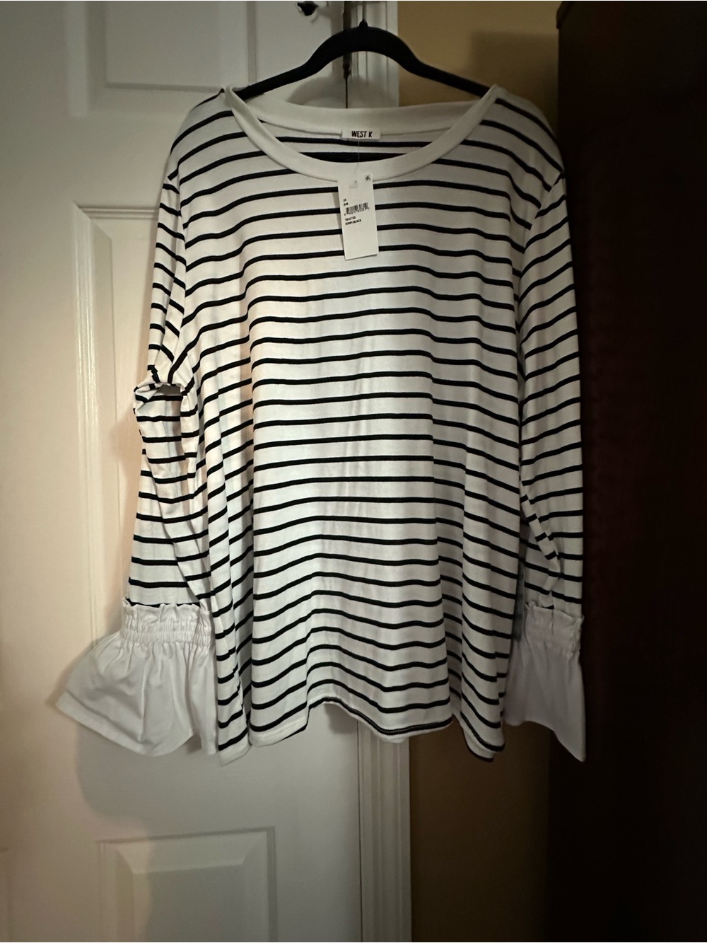 West K White & Black Striped Long-Sleeve Top with Ruffle Cuffs